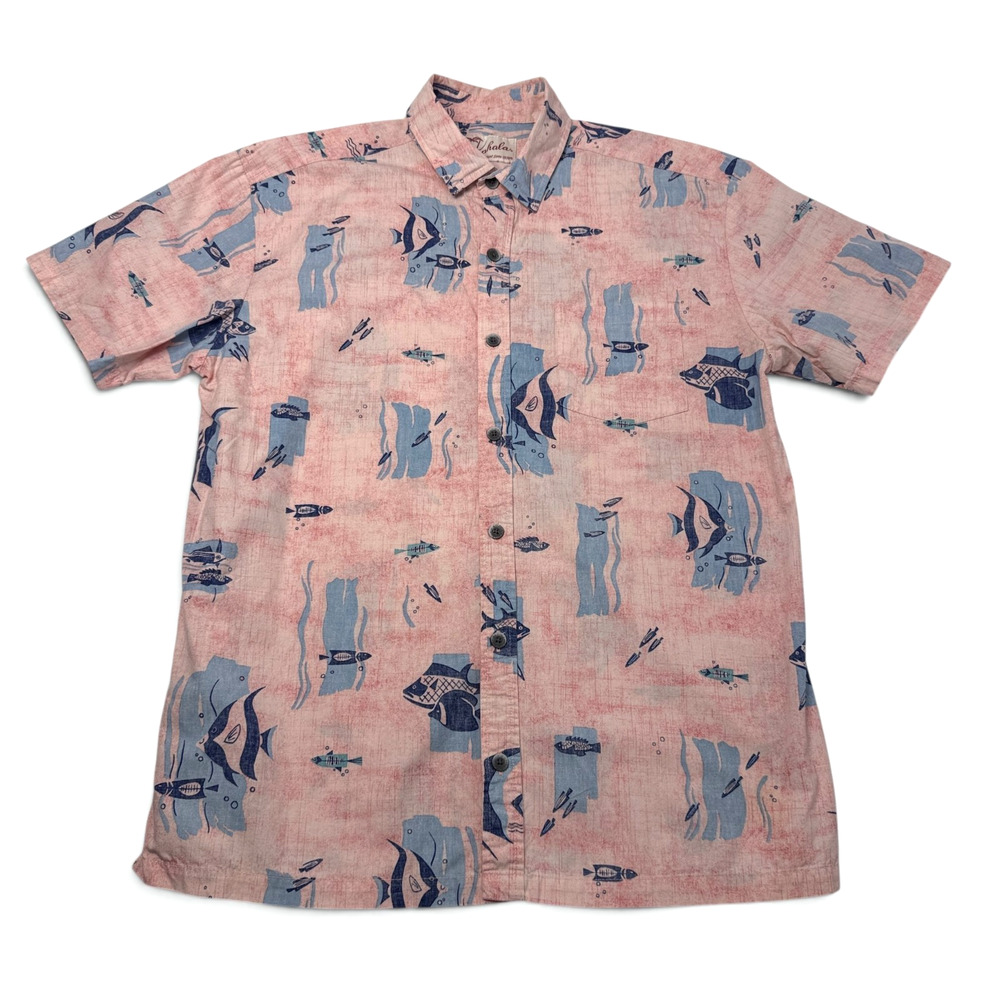 Kahala Aloha Camp Shirt Mens Medium Fish Ocean Hawaiian Reverse Print Pink